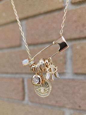 Anthropologie Gold Charm Necklace 14K Gold Plated Evil Eye Pendant Layered Chain